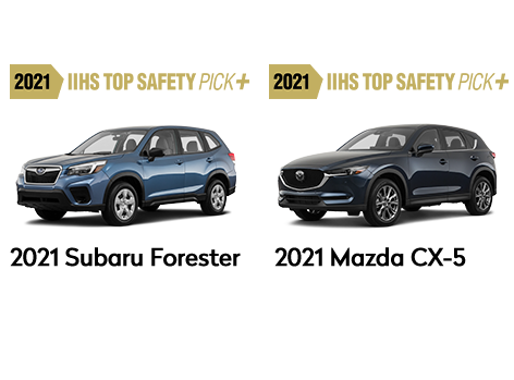 Two of the 2021 IIHS Top Safety Picks, Subaru Forester and Mazda CX-5