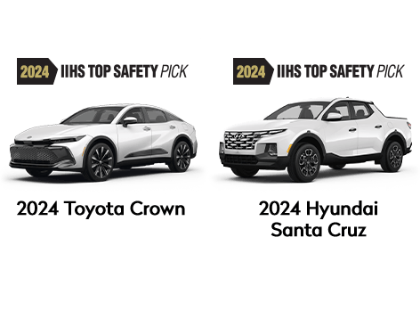 Two of the 2024 IIHS Top Safety Picks, Toyota Corwn and Hyundai Santa Cruz